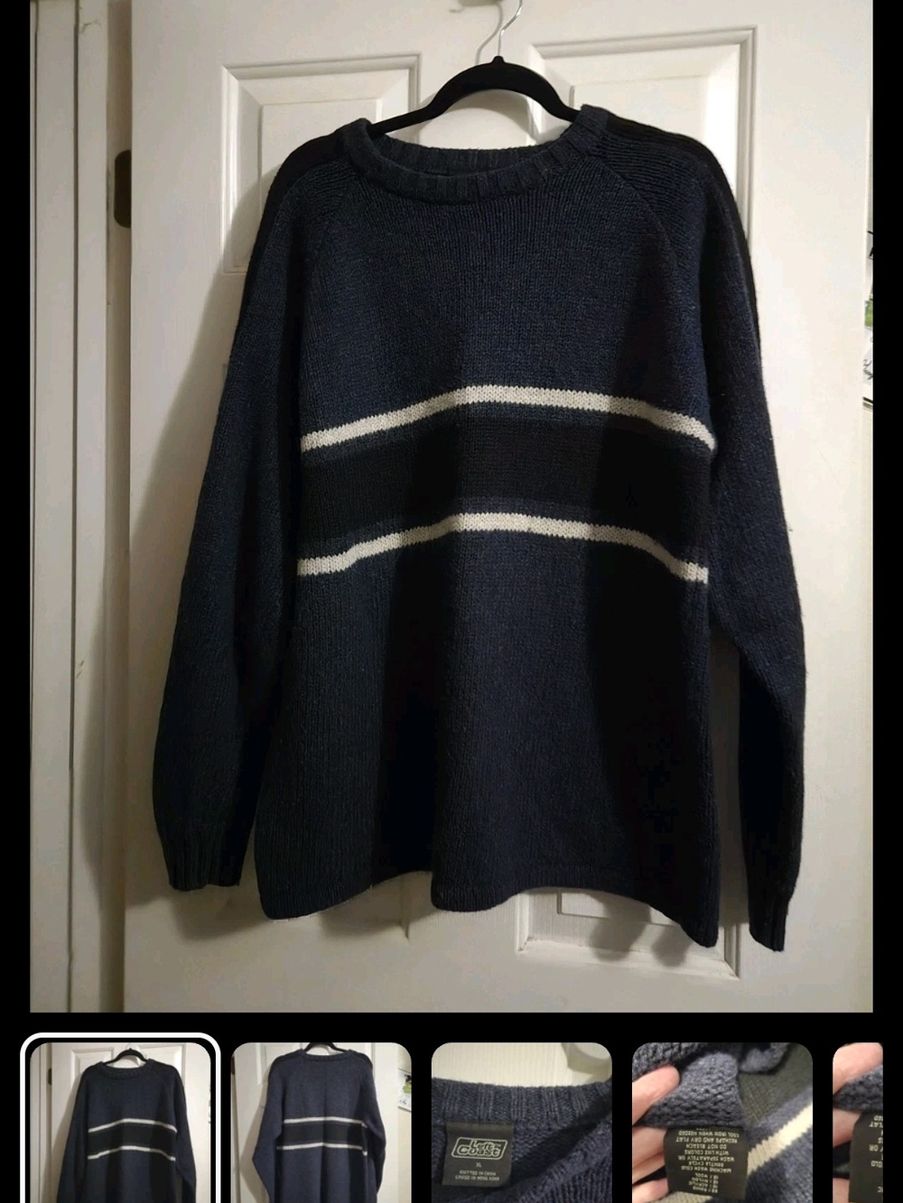 Classic Navy Crewneck Sweater with Cream Stripe - Men's